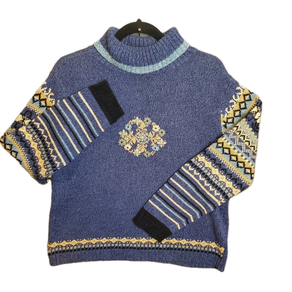 Vtg Erika Cottagecore Blue Polo Neck Sweater With Embroidered Flowers Women's PL